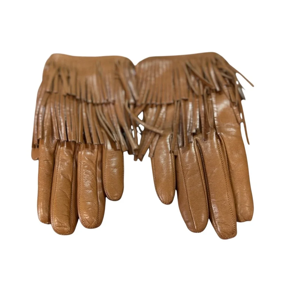 Bloomingdale's Italian Leather Fringe Gloves Camel Cashmere Lined SZ 6 NWT Boho